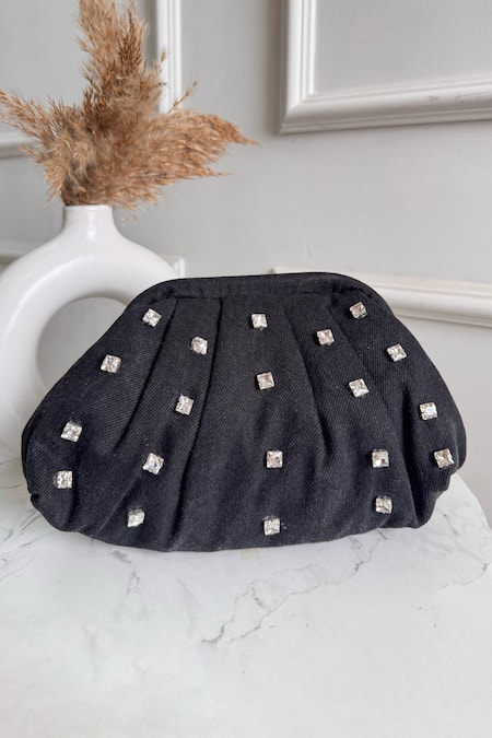 Shop Boxwish By Bhumika Black Rhinestones Denim Cloud Bag at Aza Fashions Shop_Boxwish By Bhumika_Black Rhinestones Denim Cloud Bag _at_Aza_Fashions