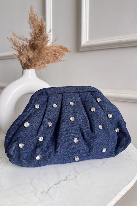 Shop Boxwish By Bhumika Blue Rhinestones Denim Cloud Bag at Aza Fashions Shop_Boxwish By Bhumika_Blue Rhinestones Denim Cloud Bag _at_Aza_Fashions