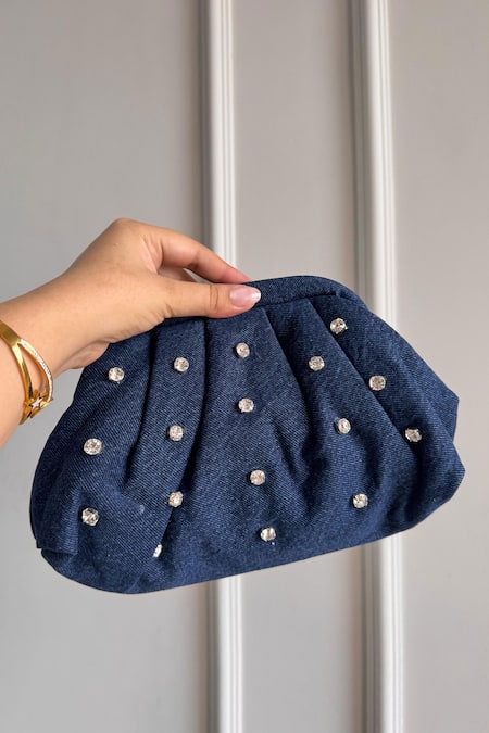 Boxwish By Bhumika Blue Rhinestones Denim Cloud Bag 