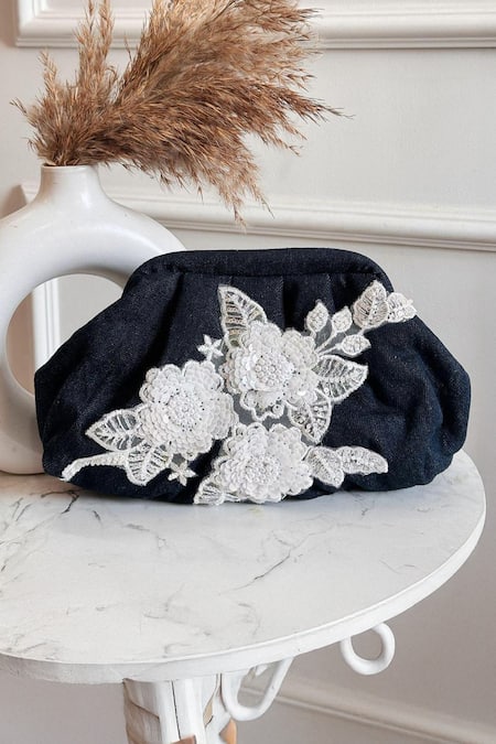 Shop Boxwish By Bhumika Blue Beads, Sequins Denim Floral Broach Bag at Aza Fashions Shop_Boxwish By Bhumika_Blue Beads, Sequins Denim Floral Broach Bag _at_Aza_Fashions