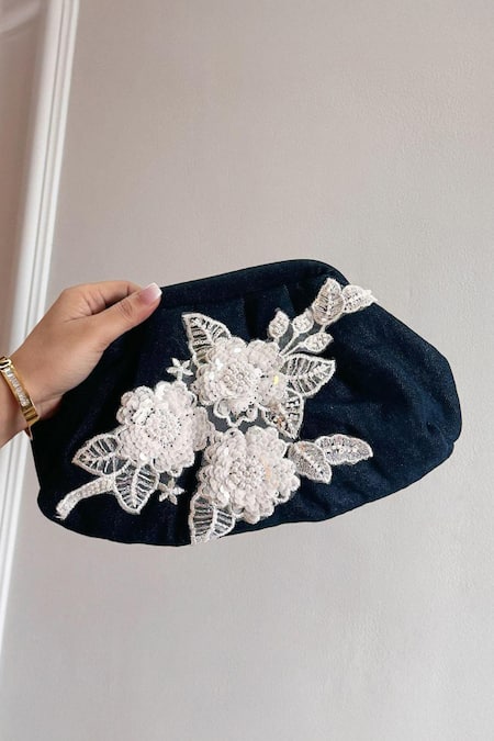 Boxwish By Bhumika Blue Beads, Sequins Denim Floral Broach Bag 