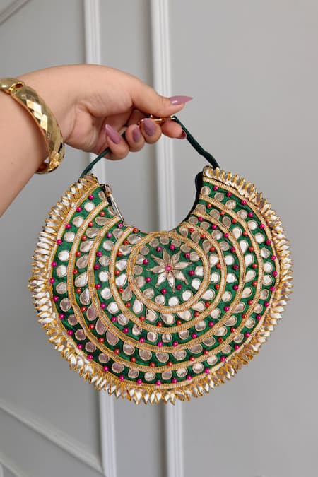 Boxwish By Bhumika Green Gota Patti, Embroidery, Beads Gotapatti Moon Bag 