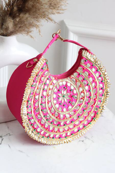 Boxwish By Bhumika_Pink Embroidery, Beads Gotta Patti Moon Bag _Online_at_Aza_Fashions