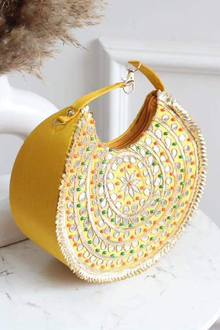 Boxwish By Bhumika_Yellow Gota Patti, Embroidery, Beads Gotapatti Moon Bag _Online_at_Aza_Fashions