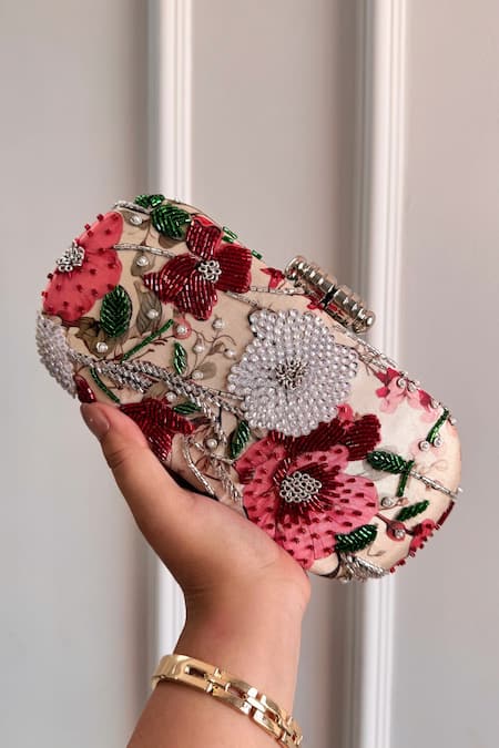 Boxwish By Bhumika Red Embroidery, Sequins Blossom Applique Handwork Clutch Bag 