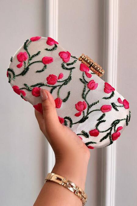 Boxwish By Bhumika White Embroidery Blossom Applique Handwork Clutch Bag 