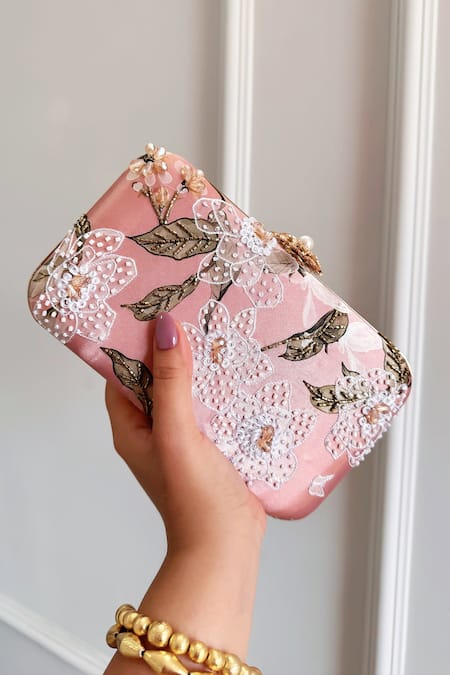 Boxwish By Bhumika Pink Embroidery, Pearls Blossom Applique Handwork Clutch Bag 