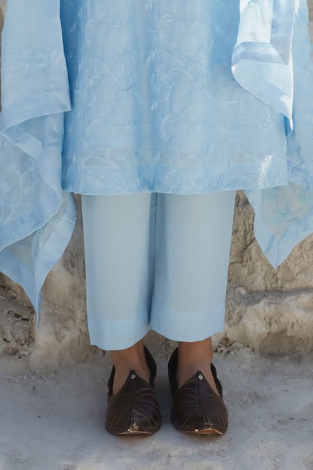 Karaj Jaipur_Blue Chanderi, Cotton Embroidery Round Neck Ice Chikankari Kurta Set _Online_at_Aza_Fashions