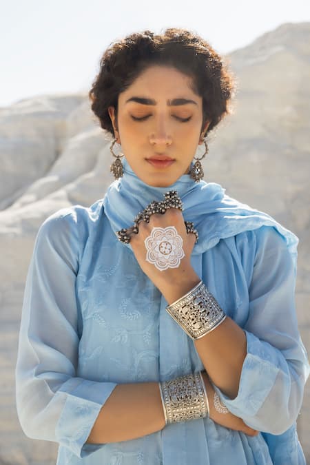 Buy_Karaj Jaipur_Blue Chanderi, Cotton Embroidery Round Neck Ice Chikankari Kurta Set _Online_at_Aza_Fashions