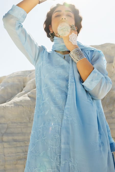 Shop_Karaj Jaipur_Blue Chanderi, Cotton Embroidery Round Neck Ice Chikankari Kurta Set _Online_at_Aza_Fashions