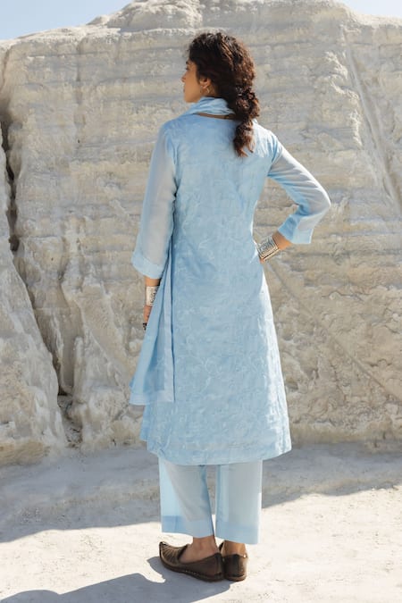 Karaj Jaipur Ice Blue Chikankari Kurta Set 