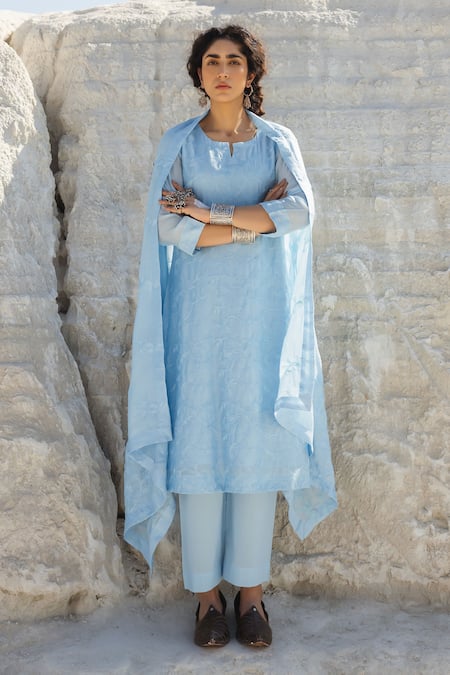Karaj Jaipur Blue Chanderi, Cotton Embroidery Round Neck Ice Chikankari Kurta Set 