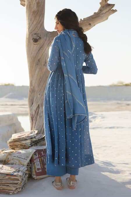 Karaj Jaipur Royal Blue Mul Cotton Anarkali Set 