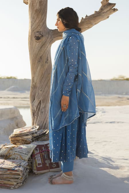 Karaj Jaipur Blue Cotton, Kota Doria Sequins Keyhole Neck Royal Mul Anarkali Set Online at Aza Fashions Karaj Jaipur_Blue Cotton, Kota Doria Sequins Keyhole Neck Royal Mul Anarkali Set _Online_at_Aza_Fashions