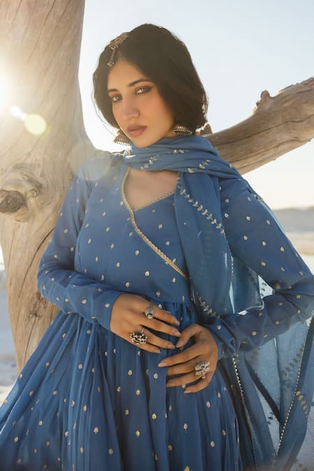 Shop Karaj Jaipur Blue Cotton, Kota Doria Sequins Keyhole Neck Royal Mul Anarkali Set Online at Aza Fashions Shop_Karaj Jaipur_Blue Cotton, Kota Doria Sequins Keyhole Neck Royal Mul Anarkali Set _Online_at_Aza_Fashions
