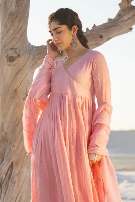Karaj Jaipur_Pink Cotton, Kota Doria Sequins Round Neck Rose Mul Anarkali Set _Online_at_Aza_Fashions