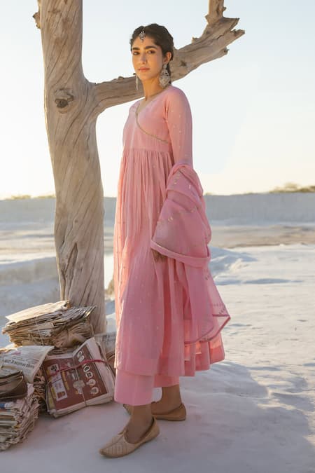 Buy_Karaj Jaipur_Pink Cotton, Kota Doria Sequins Round Neck Rose Mul Anarkali Set _Online_at_Aza_Fashions