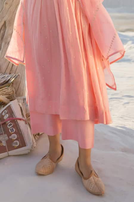 Shop_Karaj Jaipur_Pink Cotton, Kota Doria Sequins Round Neck Rose Mul Anarkali Set _Online_at_Aza_Fashions