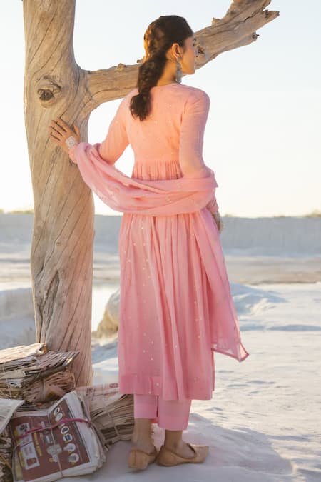 Karaj Jaipur Rose Pink Mul Cotton Anarkali Set 