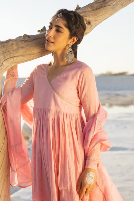 Karaj Jaipur_Pink Cotton, Kota Doria Sequins Round Neck Rose Mul Anarkali Set _at_Aza_Fashions