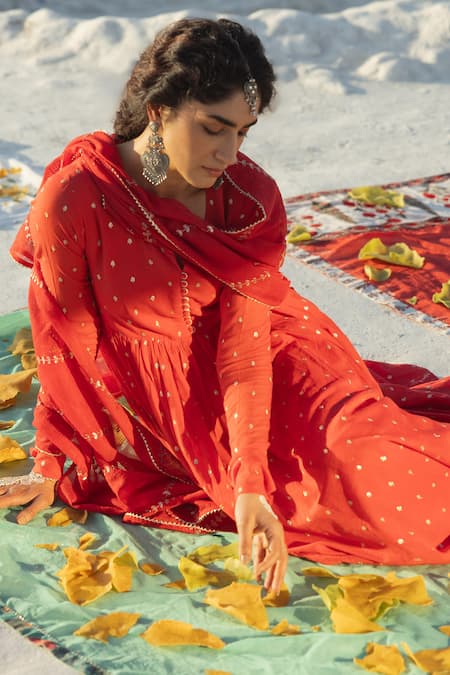 Buy Karaj Jaipur Red Cotton, Kota Doria Sequins Round Neck Mul Anarkali Set Online at Aza Fashions Buy_Karaj Jaipur_Red Cotton, Kota Doria Sequins Round Neck Mul Anarkali Set _Online_at_Aza_Fashions