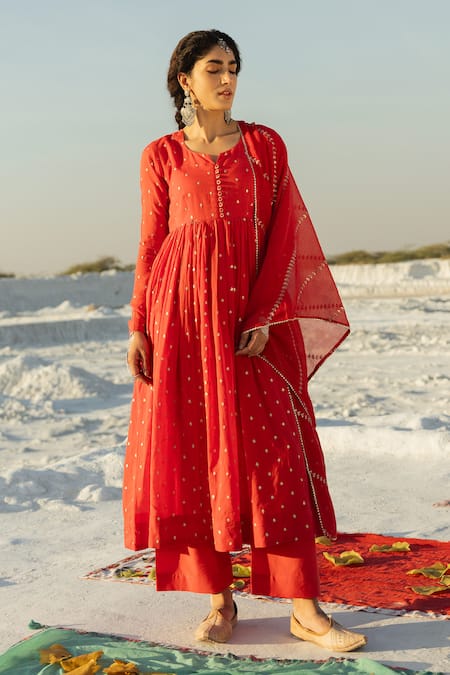 Karaj Jaipur Red Mul Cotton Anarkali Set