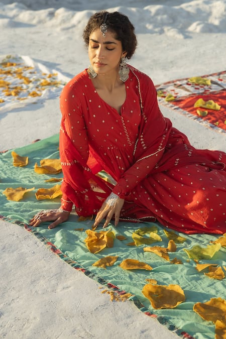 Karaj Jaipur Red Cotton, Kota Doria Sequins Round Neck Mul Anarkali Set at Aza Fashions Karaj Jaipur_Red Cotton, Kota Doria Sequins Round Neck Mul Anarkali Set _at_Aza_Fashions