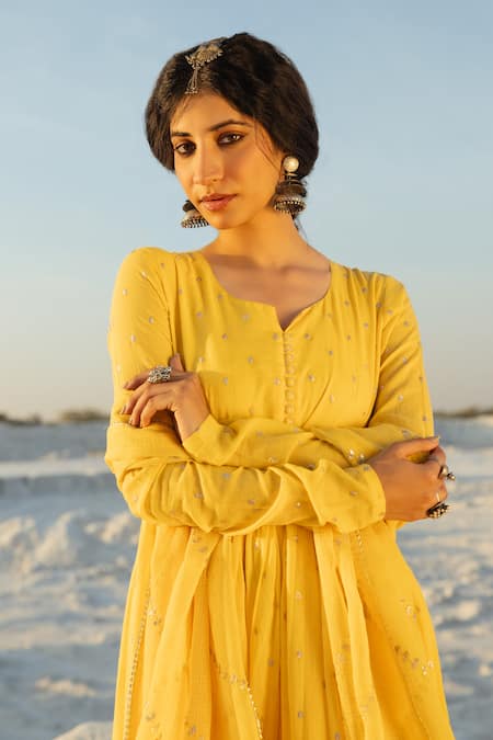 Karaj Jaipur_Yellow Cotton, Kota Doria Sequins Round Neck Mul Anarkali Set _Online_at_Aza_Fashions