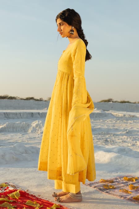 Buy_Karaj Jaipur_Yellow Cotton, Kota Doria Sequins Round Neck Mul Anarkali Set _Online_at_Aza_Fashions