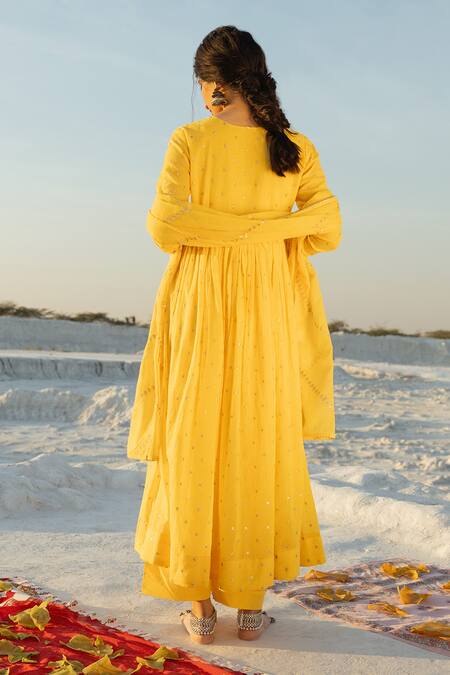 Shop_Karaj Jaipur_Yellow Cotton, Kota Doria Sequins Round Neck Mul Anarkali Set _Online_at_Aza_Fashions