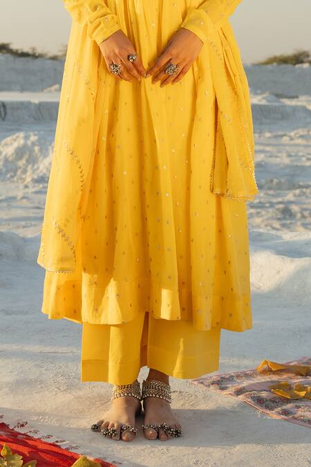 Karaj Jaipur_Yellow Cotton, Kota Doria Sequins Round Neck Mul Anarkali Set _at_Aza_Fashions