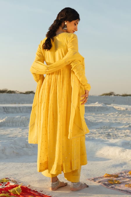 Karaj Jaipur Yellow Mul Cotton Anarkali Set 