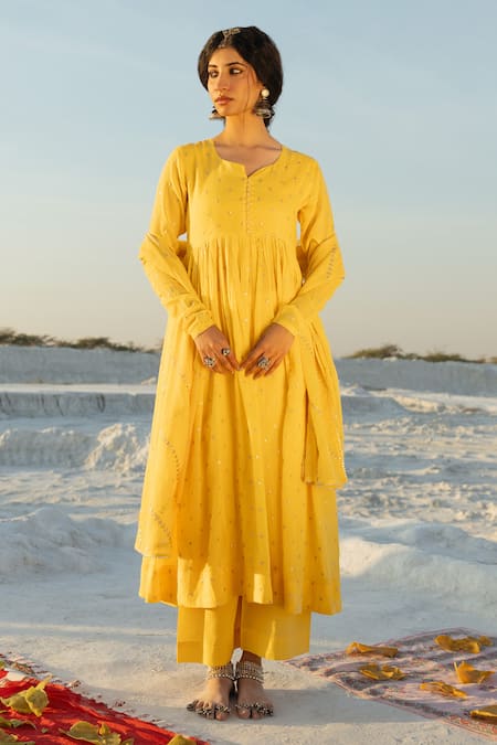Karaj Jaipur Yellow Cotton, Kota Doria Sequins Round Neck Mul Anarkali Set