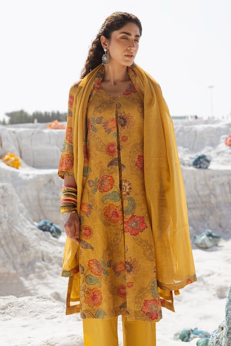 Karaj Jaipur Mustard Linen Kurta Set