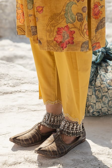 Shop Karaj Jaipur Mustard Linen, Cotton, Kota Doria Round Neck Kurta Set Online at Aza Fashions Shop_Karaj Jaipur_Mustard Linen, Cotton, Kota Doria Round Neck Kurta Set _Online_at_Aza_Fashions