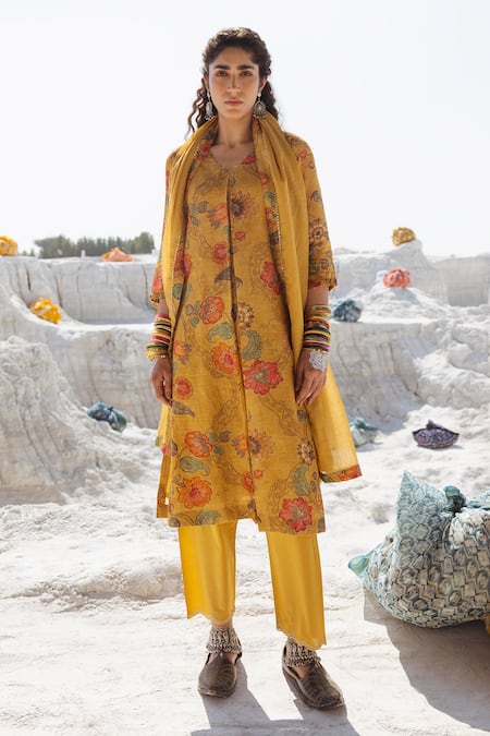 Karaj Jaipur Mustard Linen, Cotton, Kota Doria Round Neck Kurta Set