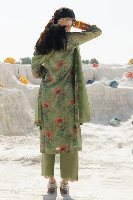 Karaj Jaipur Sage Green Linen Kurta Set