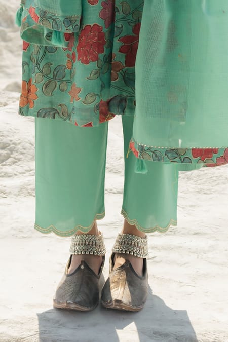 Karaj Jaipur Turquoise Linen, Cotton, Kota Doria Embroidery Round Neck Blue Kurta Set Online at Aza Fashions Karaj Jaipur_Turquoise Linen, Cotton, Kota Doria Embroidery Round Neck Blue Kurta Set _Online_at_Aza_Fashions