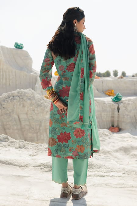 Karaj Jaipur Turquoise Blue Linen Kurta Set