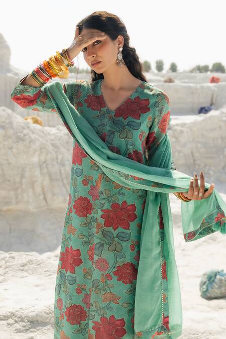 Shop Karaj Jaipur Turquoise Linen, Cotton, Kota Doria Embroidery Round Neck Blue Kurta Set Online at Aza Fashions Shop_Karaj Jaipur_Turquoise Linen, Cotton, Kota Doria Embroidery Round Neck Blue Kurta Set _Online_at_Aza_Fashions