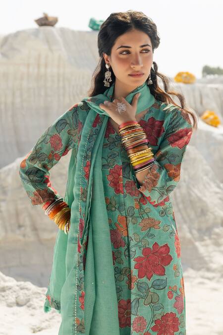 Karaj Jaipur Turquoise Linen, Cotton, Kota Doria Embroidery Round Neck Blue Kurta Set at Aza Fashions Karaj Jaipur_Turquoise Linen, Cotton, Kota Doria Embroidery Round Neck Blue Kurta Set _at_Aza_Fashions