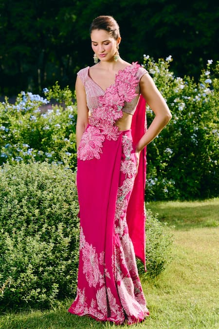 Charu And Vasundhara Fuschia Appliquéd Embroidered Pre-Drape Saree & Blouse Set 