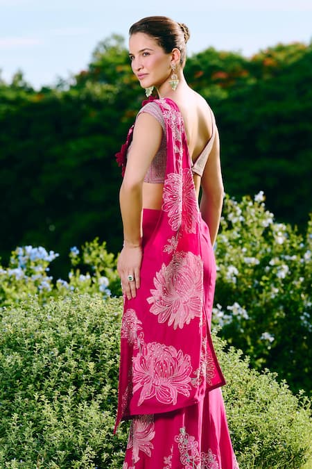 Charu And Vasundhara Fuschia Appliqued Embroidered Pre Drape Saree & Blouse Set 