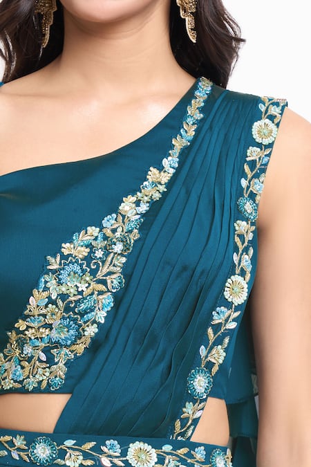 Samyukta Singhania Blue Satin Embroidery, Sequins, Beads Asymmetric Pre-draped Saree With Blouse Online at Aza Fashions Samyukta Singhania_Blue Satin Embroidery, Sequins, Beads Asymmetric Pre-draped Saree With Blouse _Online_at_Aza_Fashions