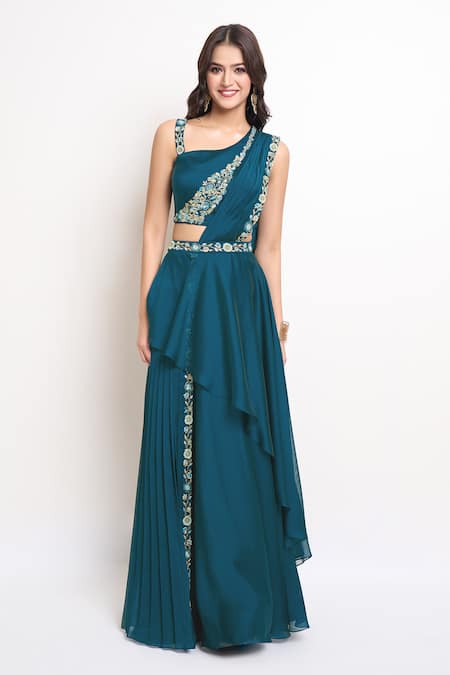Buy Samyukta Singhania Blue Satin Embroidery, Sequins, Beads Asymmetric Pre-draped Saree With Blouse Online at Aza Fashions Buy_Samyukta Singhania_Blue Satin Embroidery, Sequins, Beads Asymmetric Pre-draped Saree With Blouse _Online_at_Aza_Fashions
