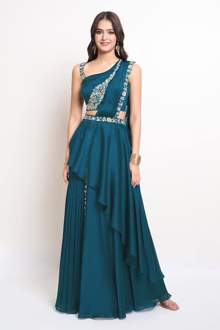 Samyukta Singhania Blue Satin Embroidery, Sequins, Beads Asymmetric Pre-draped Saree With Blouse