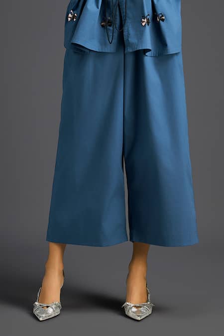 Deepika Arora_Blue Cotton Embroidery Mandarin Collar Designer Shirt And Pant Set _Online_at_Aza_Fashions