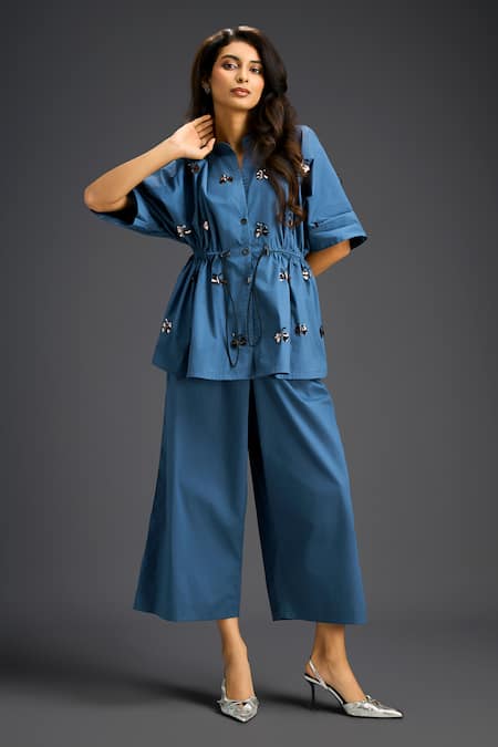 Buy_Deepika Arora_Blue Cotton Embroidery Mandarin Collar Designer Shirt And Pant Set _Online_at_Aza_Fashions