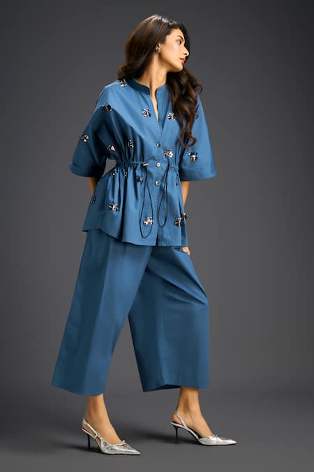 Shop_Deepika Arora_Blue Cotton Embroidery Mandarin Collar Designer Shirt And Pant Set _Online_at_Aza_Fashions