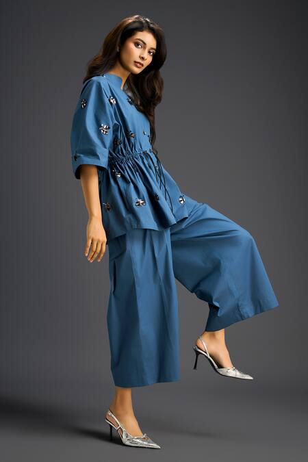 Deepika Arora_Blue Cotton Embroidery Mandarin Collar Designer Shirt And Pant Set _at_Aza_Fashions